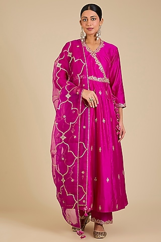 Rani Pink Spun Silk Marori Work Angrakha Kurta Set by SURBHI SHAH