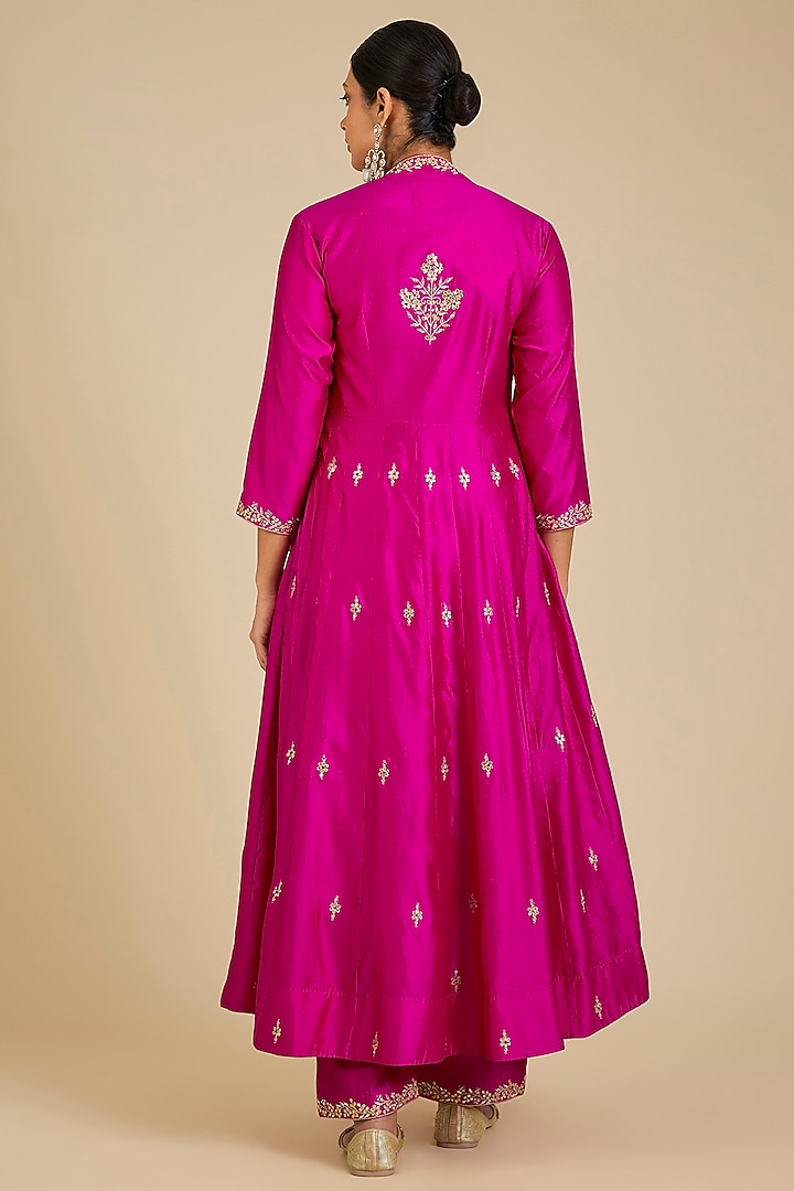 Rani Pink Spun Silk Marori Work Angrakha Kurta Set by SURBHI SHAH at Pernia's Pop Up Shop