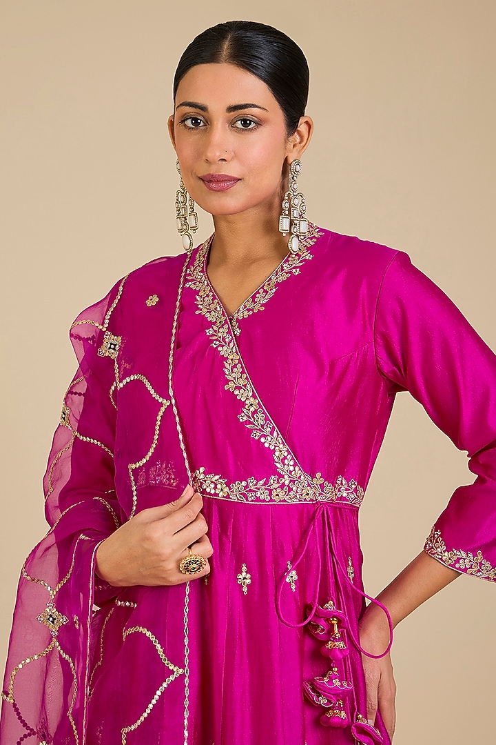 Rani Pink Spun Silk Marori Work Angrakha Kurta Set by SURBHI SHAH at Pernia's Pop Up Shop