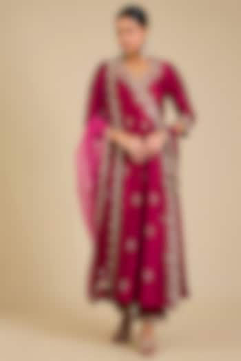 Maroon Spun Silk Zardosi Work Angrakha Kurta Set by SURBHI SHAH at Pernia's Pop Up Shop