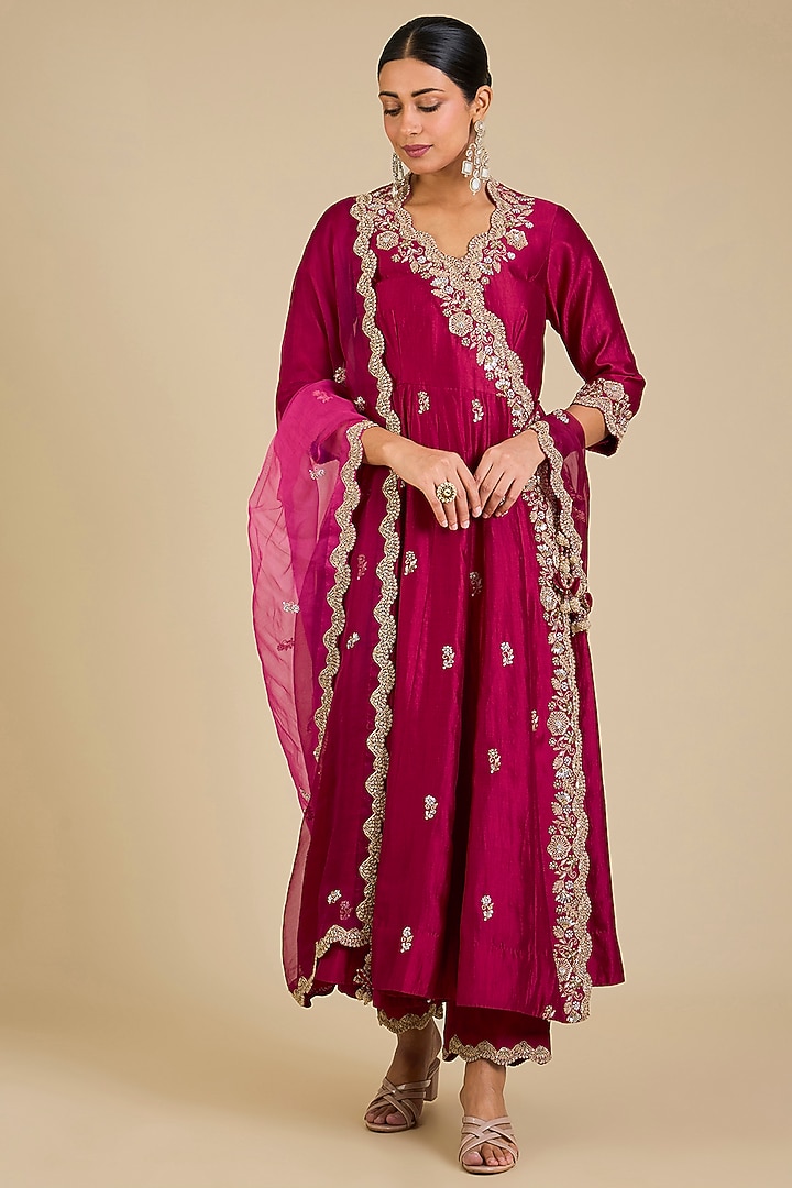 Maroon Spun Silk Zardosi Work Angrakha Kurta Set by SURBHI SHAH at Pernia's Pop Up Shop