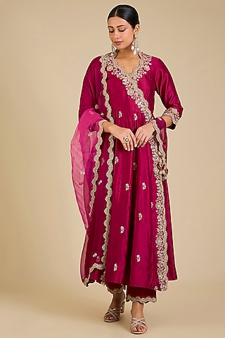 Maroon Spun Silk Zardosi Work Angrakha Kurta Set by SURBHI SHAH