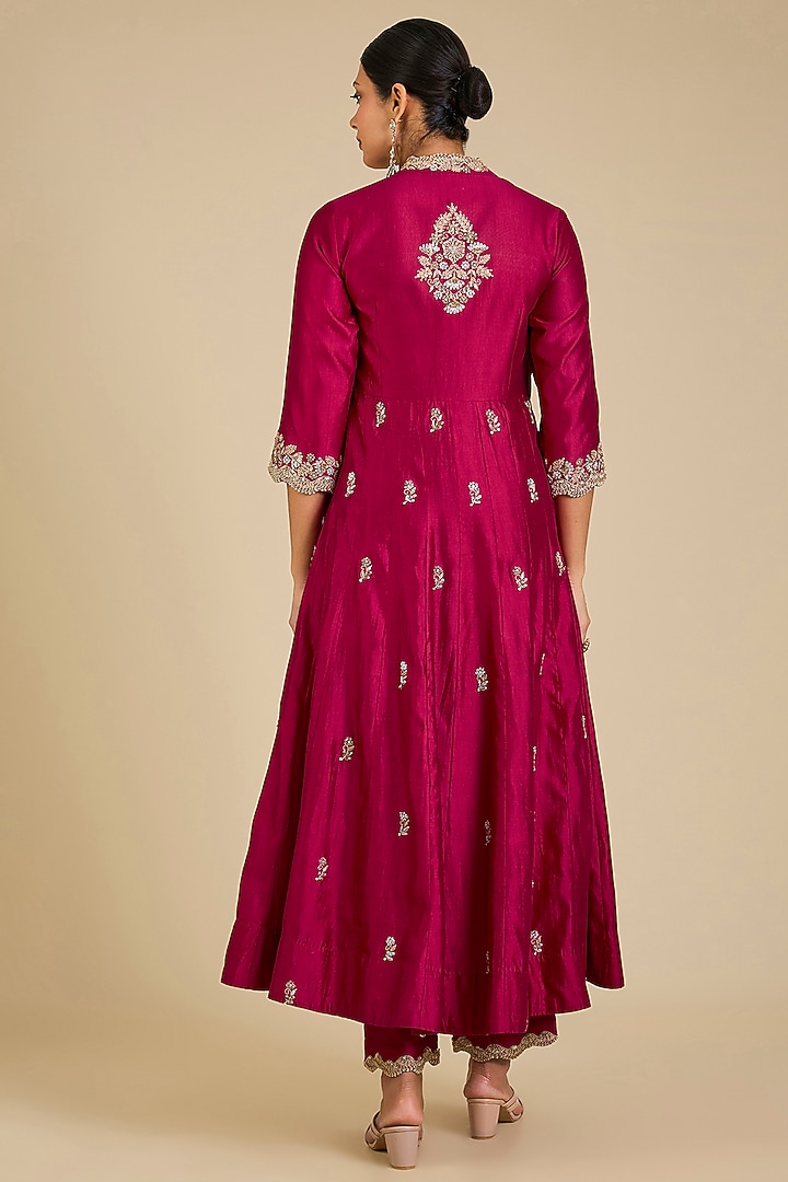 Maroon Spun Silk Zardosi Work Angrakha Kurta Set by SURBHI SHAH at Pernia's Pop Up Shop
