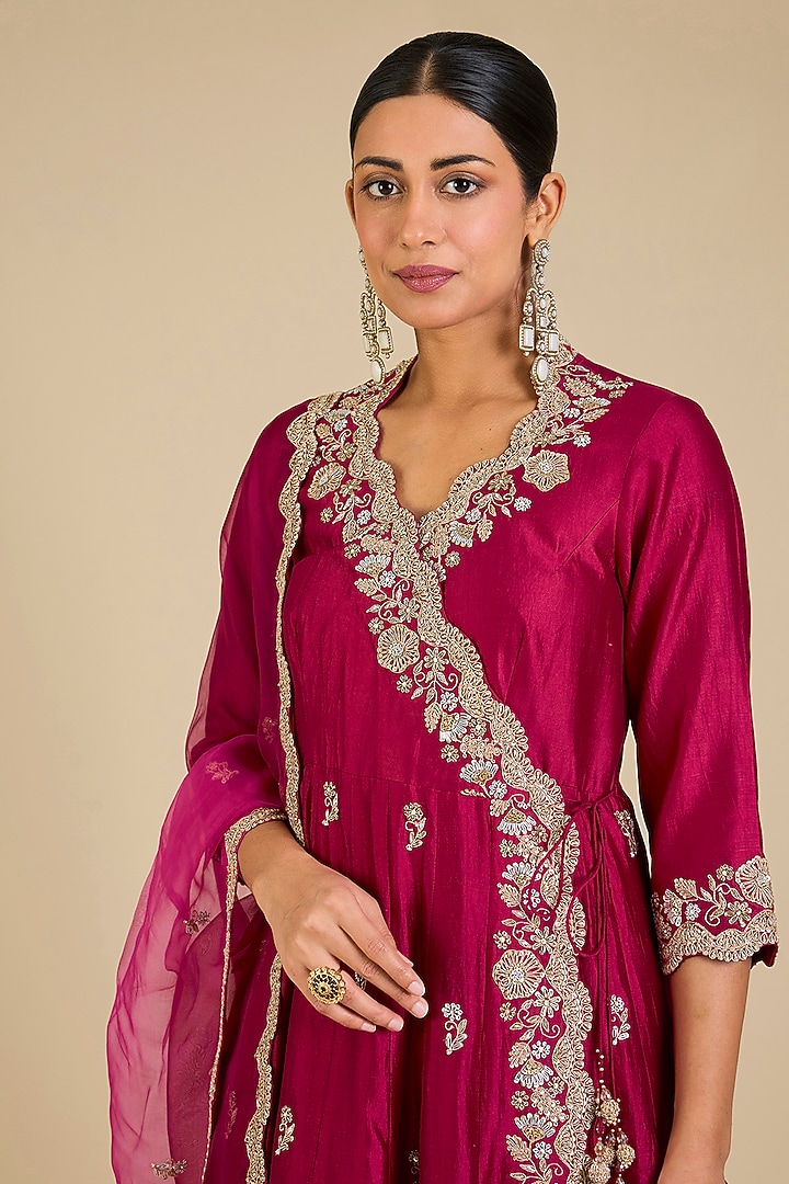 Maroon Spun Silk Zardosi Work Angrakha Kurta Set by SURBHI SHAH at Pernia's Pop Up Shop