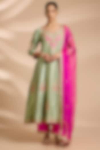 Pistachio Green Spun Silk Patchwork Bridal Anarkali Set by Surbhi Shah at Pernia's Pop Up Shop
