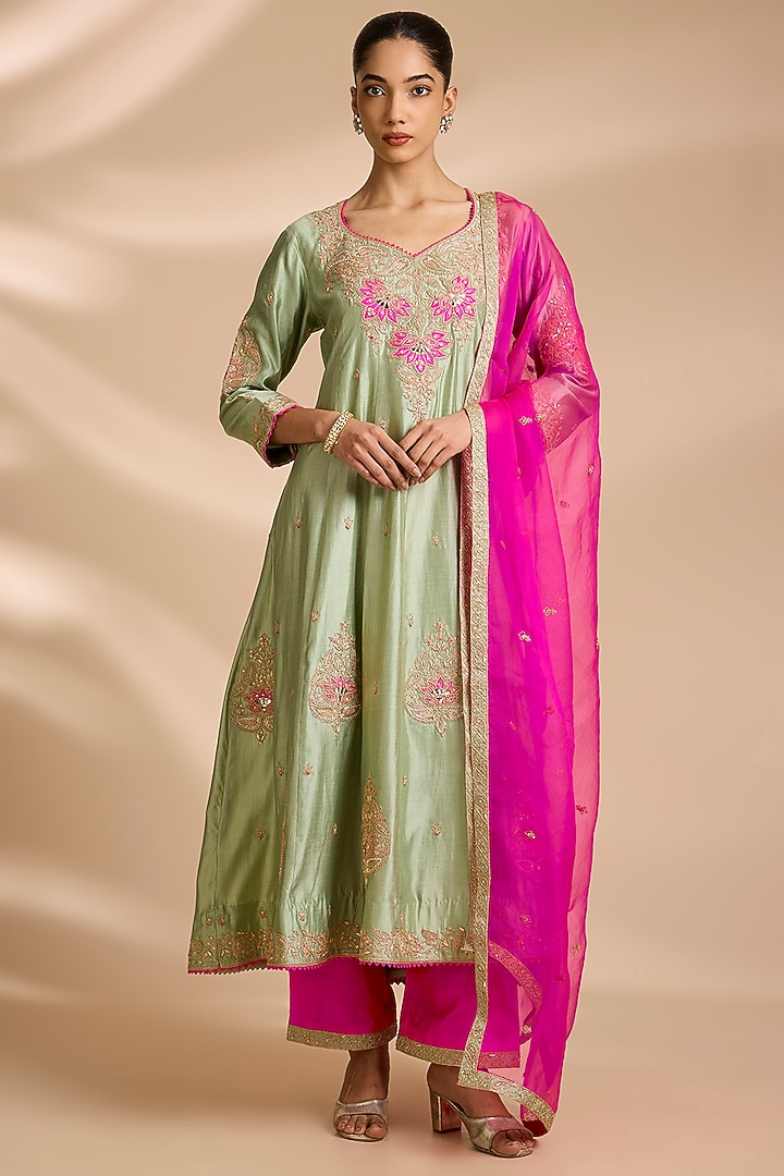 Pistachio Green Spun Silk Patchwork Bridal Anarkali Set by Surbhi Shah at Pernia's Pop Up Shop