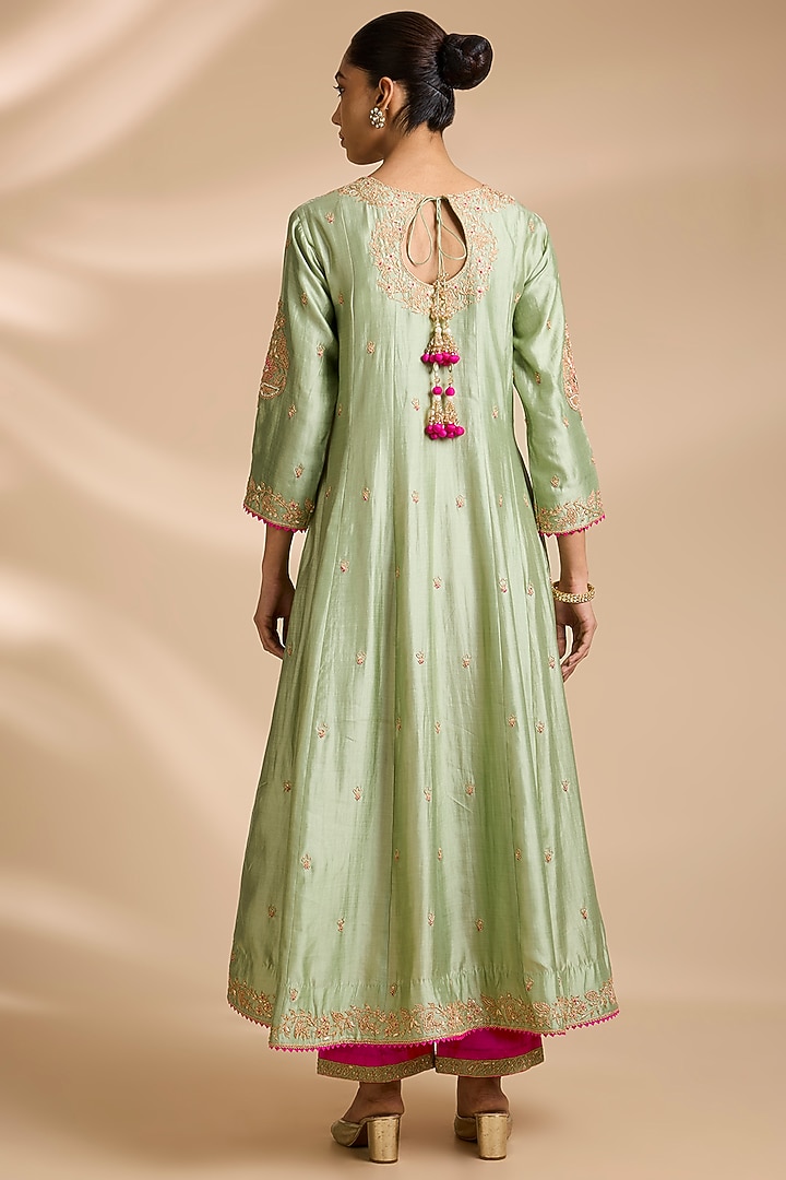Pistachio Green Spun Silk Patchwork Bridal Anarkali Set by Surbhi Shah at Pernia's Pop Up Shop