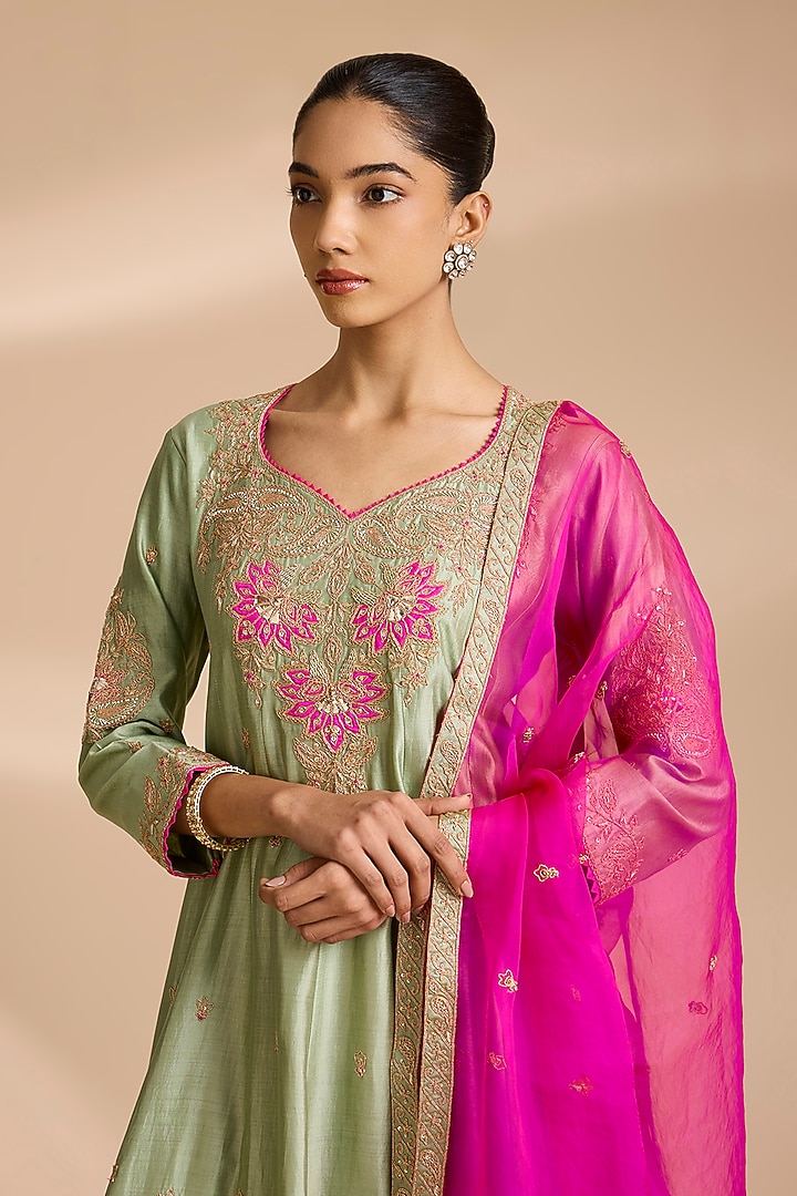 Pistachio Green Spun Silk Patchwork Bridal Anarkali Set by Surbhi Shah at Pernia's Pop Up Shop
