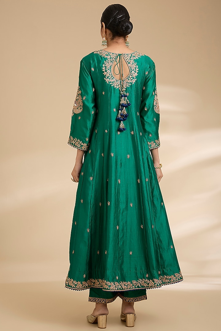 Emerald Green Spun Silk Marori Work Bridal Anarkali Set by Surbhi Shah at Pernia's Pop Up Shop