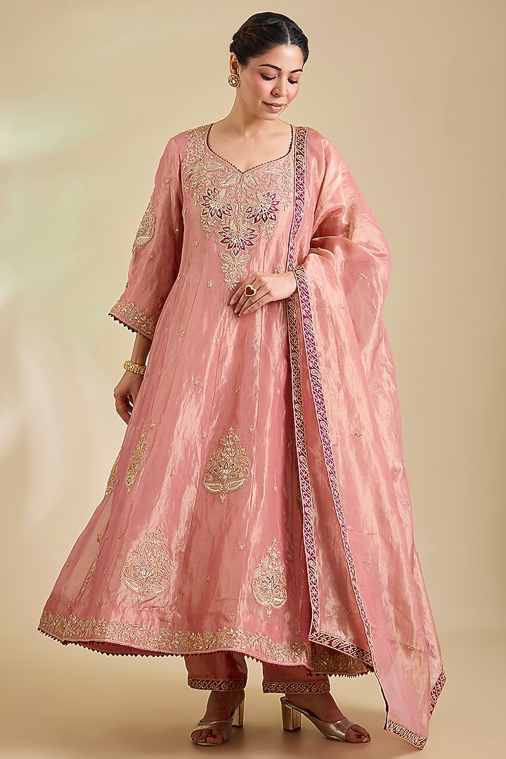 Rose Gold Tissue Marori Embroidered Bridal Anarkali Set by SURBHI SHAH at Pernia's Pop Up Shop