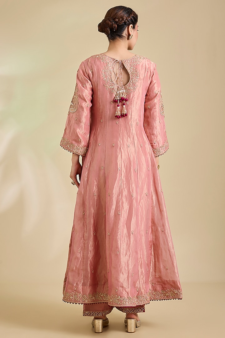 Rose Gold Tissue Marori Embroidered Bridal Anarkali Set by SURBHI SHAH at Pernia's Pop Up Shop