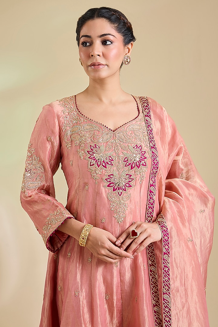 Rose Gold Tissue Marori Embroidered Bridal Anarkali Set by SURBHI SHAH at Pernia's Pop Up Shop