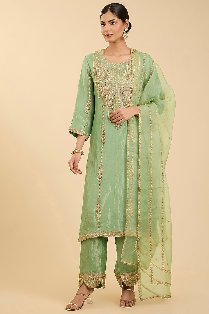 Mint Green Tissue Zardosi Embroidered Kurta Set by SURBHI SHAH at Pernia's Pop Up Shop