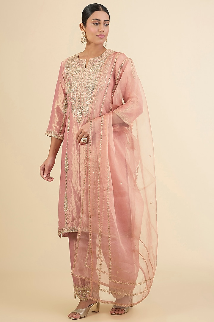 Rose Gold Spun Silk Marori & Gota Work Kurta Set by Surbhi Shah at Pernia's Pop Up Shop