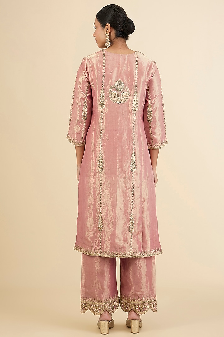 Rose Gold Spun Silk Marori & Gota Work Kurta Set by Surbhi Shah at Pernia's Pop Up Shop