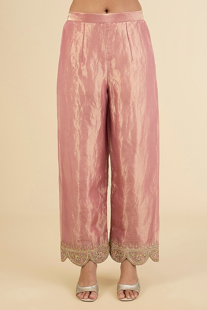 Rose Gold Spun Silk Marori & Gota Work Kurta Set by Surbhi Shah at Pernia's Pop Up Shop
