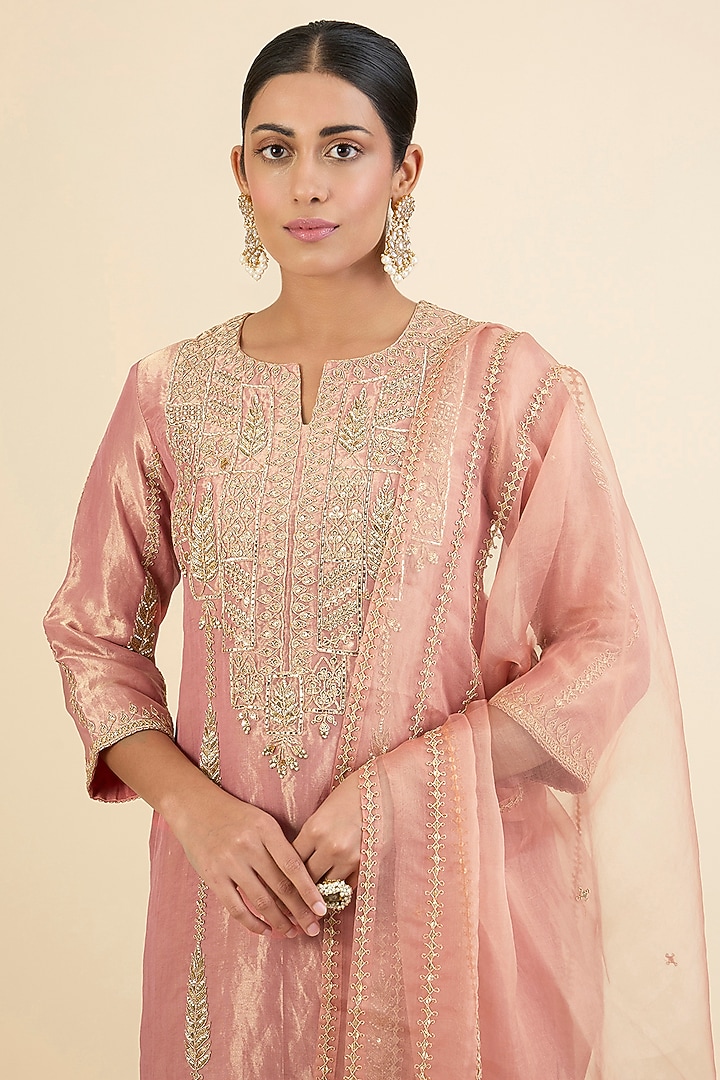 Rose Gold Spun Silk Marori & Gota Work Kurta Set by Surbhi Shah at Pernia's Pop Up Shop