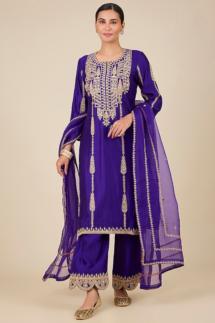 Purple Spun Silk Zardosi Embroidered Kurta Set by SURBHI SHAH at Pernia's Pop Up Shop