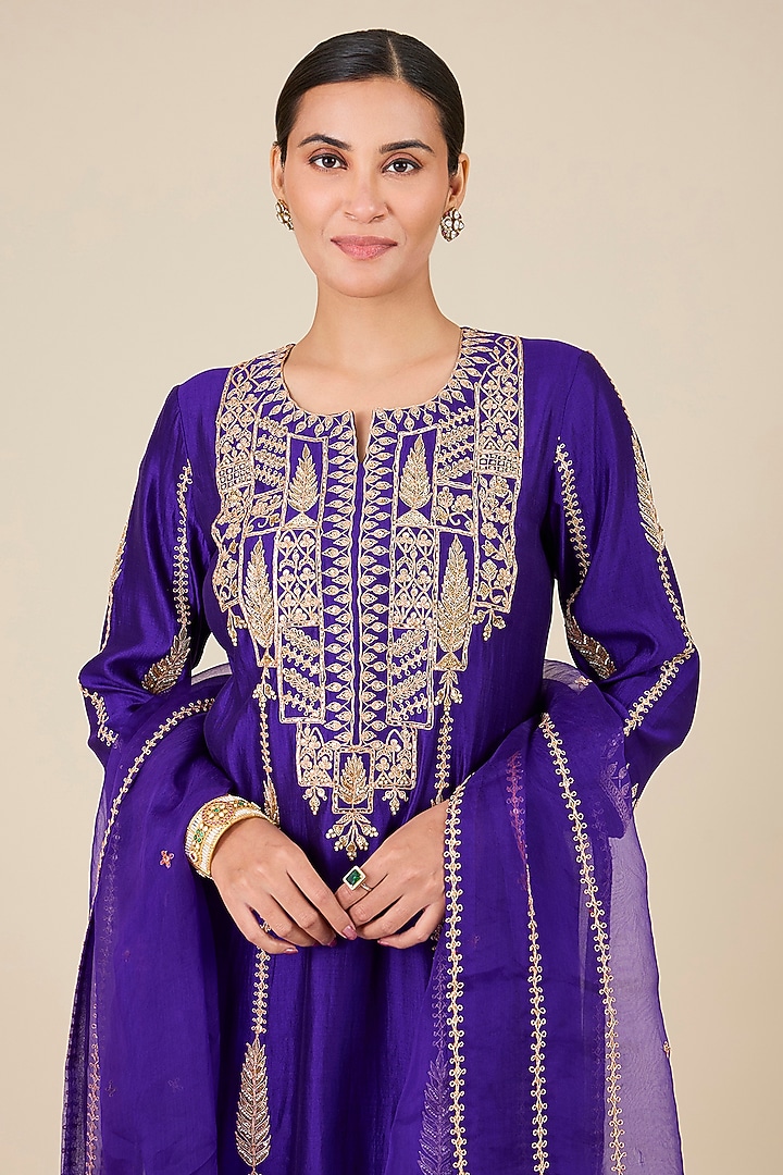 Purple Spun Silk Zardosi Embroidered Kurta Set by SURBHI SHAH at Pernia's Pop Up Shop