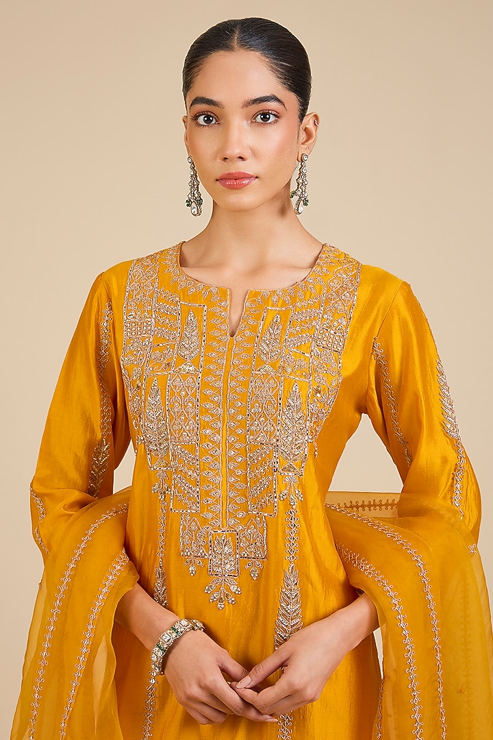 Mango Yellow Spun Silk Marori Embroidered Kurta Set by Surbhi Shah at Pernia's Pop Up Shop