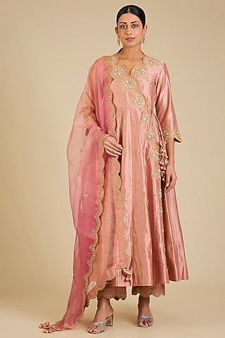 Old Rose Spun Silk Marori Work Angrakha Kurta Set by SURBHI SHAH