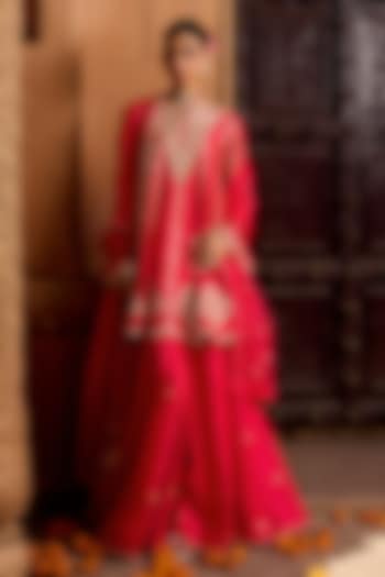 Strawberry Red Pure Spun Silk Gota-Patti Work Bridal Anarkali Set by SURBHI SHAH at Pernia's Pop Up Shop