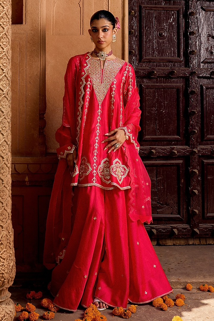 Strawberry Red Pure Spun Silk Gota-Patti Work Bridal Anarkali Set by SURBHI SHAH at Pernia's Pop Up Shop