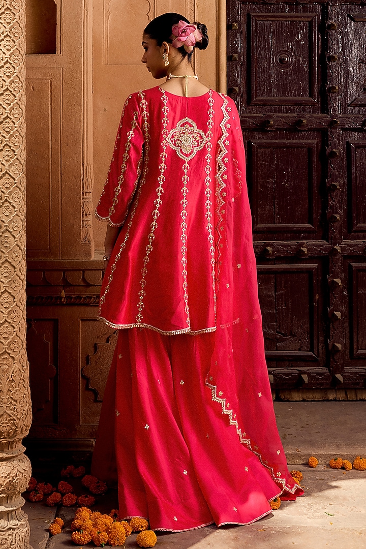 Strawberry Red Pure Spun Silk Gota-Patti Work Bridal Anarkali Set by SURBHI SHAH at Pernia's Pop Up Shop