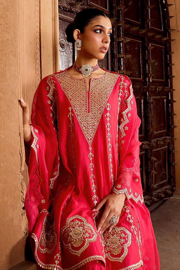 Strawberry Red Pure Spun Silk Gota-Patti Work Bridal Anarkali Set by SURBHI SHAH at Pernia's Pop Up Shop