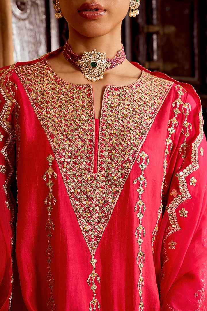 Strawberry Red Pure Spun Silk Gota-Patti Work Bridal Anarkali Set by SURBHI SHAH at Pernia's Pop Up Shop