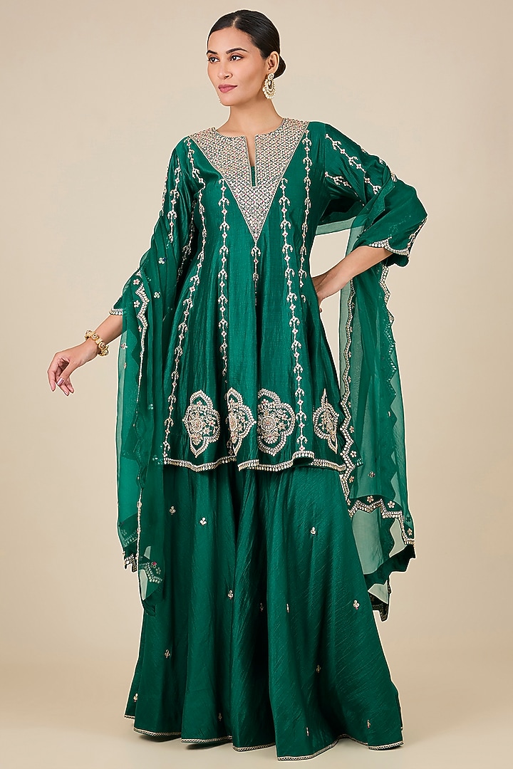 Emerald Green Spun Silk Gota Patti Work Bridal Sharara Set by SURBHI SHAH at Pernia's Pop Up Shop