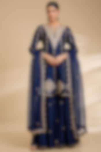 Navy Blue Spun Silk Marori Work Short Bridal Anarkali Set by Surbhi Shah at Pernia's Pop Up Shop
