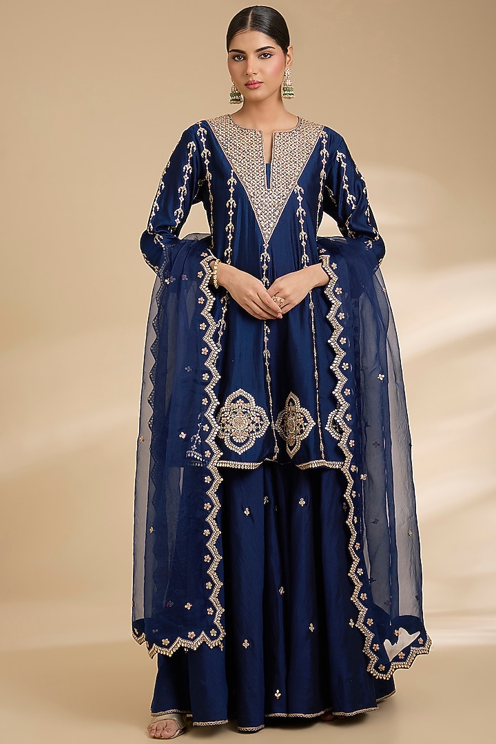 Navy Blue Spun Silk Marori Work Short Bridal Anarkali Set by Surbhi Shah at Pernia's Pop Up Shop