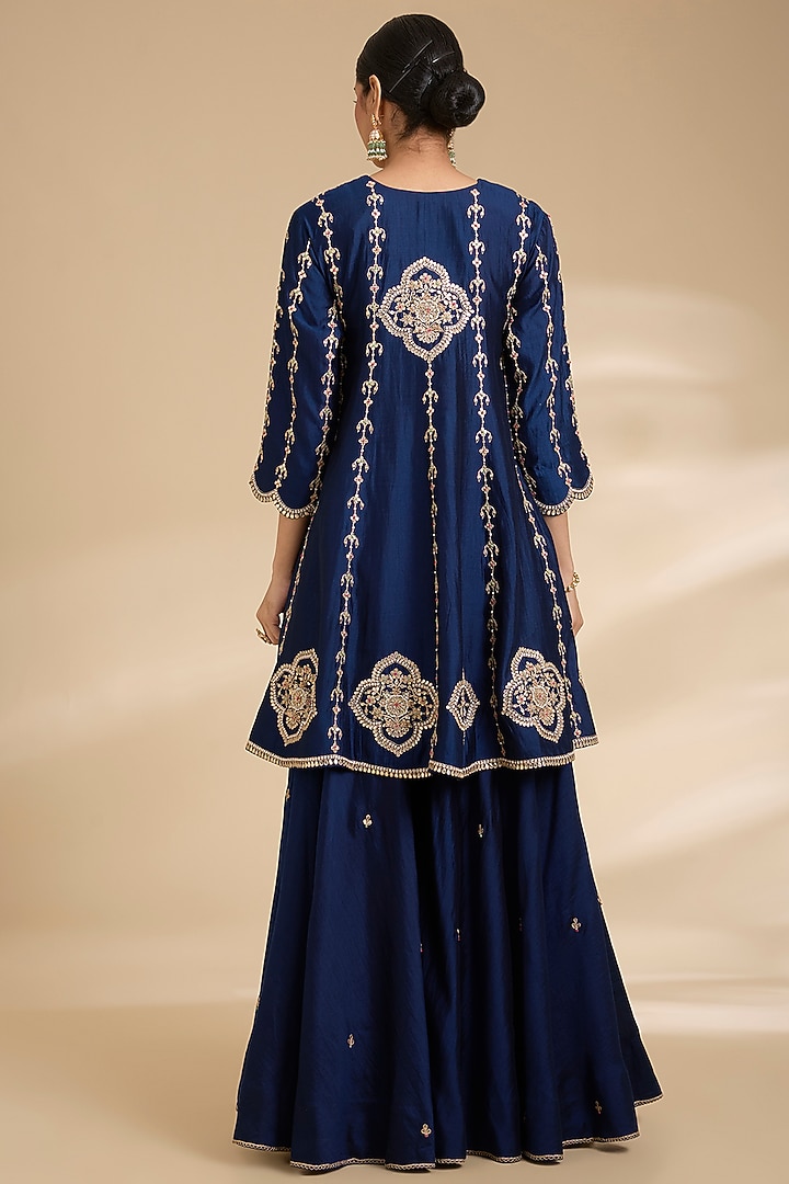 Navy Blue Spun Silk Marori Work Short Bridal Anarkali Set by Surbhi Shah at Pernia's Pop Up Shop