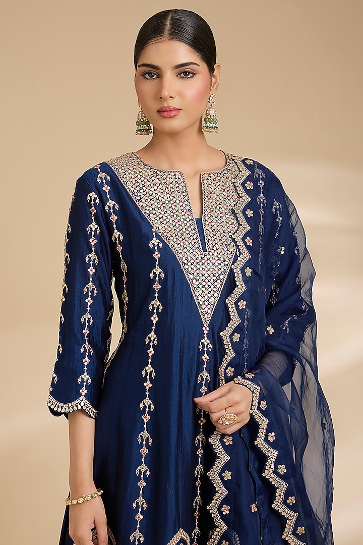 Navy Blue Spun Silk Marori Work Short Bridal Anarkali Set by Surbhi Shah at Pernia's Pop Up Shop