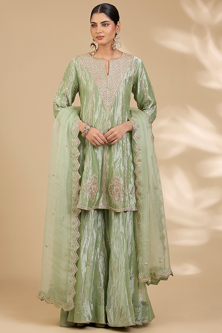 Mint Green Tissue Bridal Sharara Set by SURBHI SHAH at Pernia's Pop Up Shop
