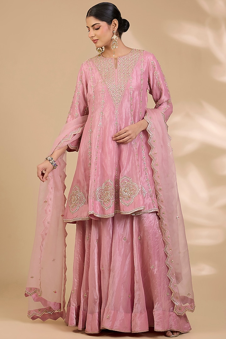 Rose Pink Tissue Bridal Sharara Set by SURBHI SHAH at Pernia's Pop Up Shop
