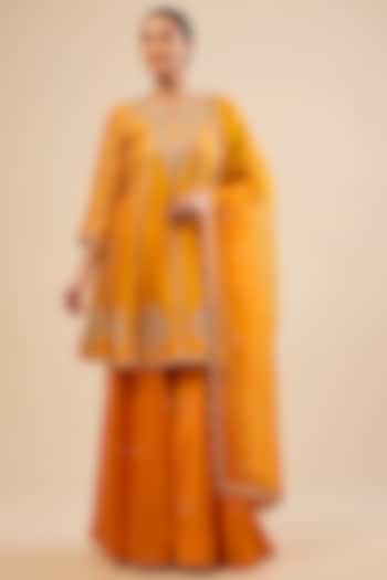 Orange Spun Silk Bridal Sharara Set by Surbhi Shah at Pernia's Pop Up Shop