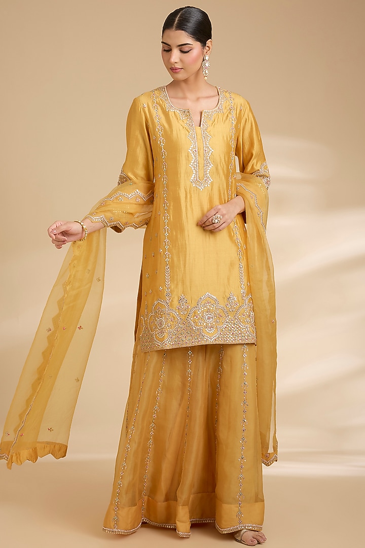 Pastel Mango Spun Silk Bridal Sharara Set by Surbhi Shah at Pernia's Pop Up Shop