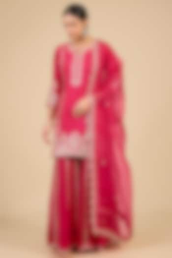 Strawberry Red Spun Silk Gota Work Bridal Sharara Set by Surbhi Shah at Pernia's Pop Up Shop