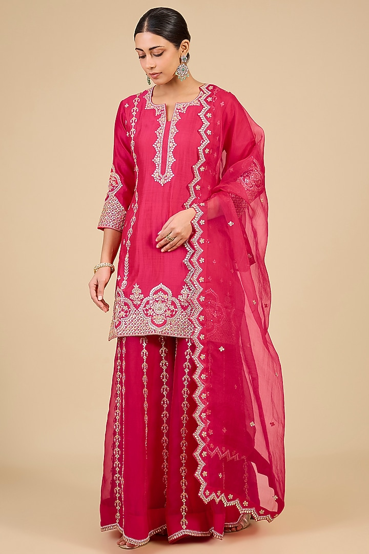 Strawberry Red Spun Silk Gota Work Bridal Sharara Set by Surbhi Shah at Pernia's Pop Up Shop