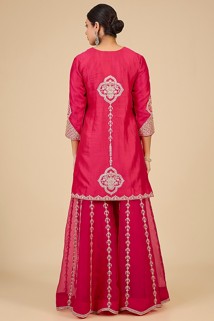 Strawberry Red Spun Silk Gota Work Bridal Sharara Set by Surbhi Shah at Pernia's Pop Up Shop