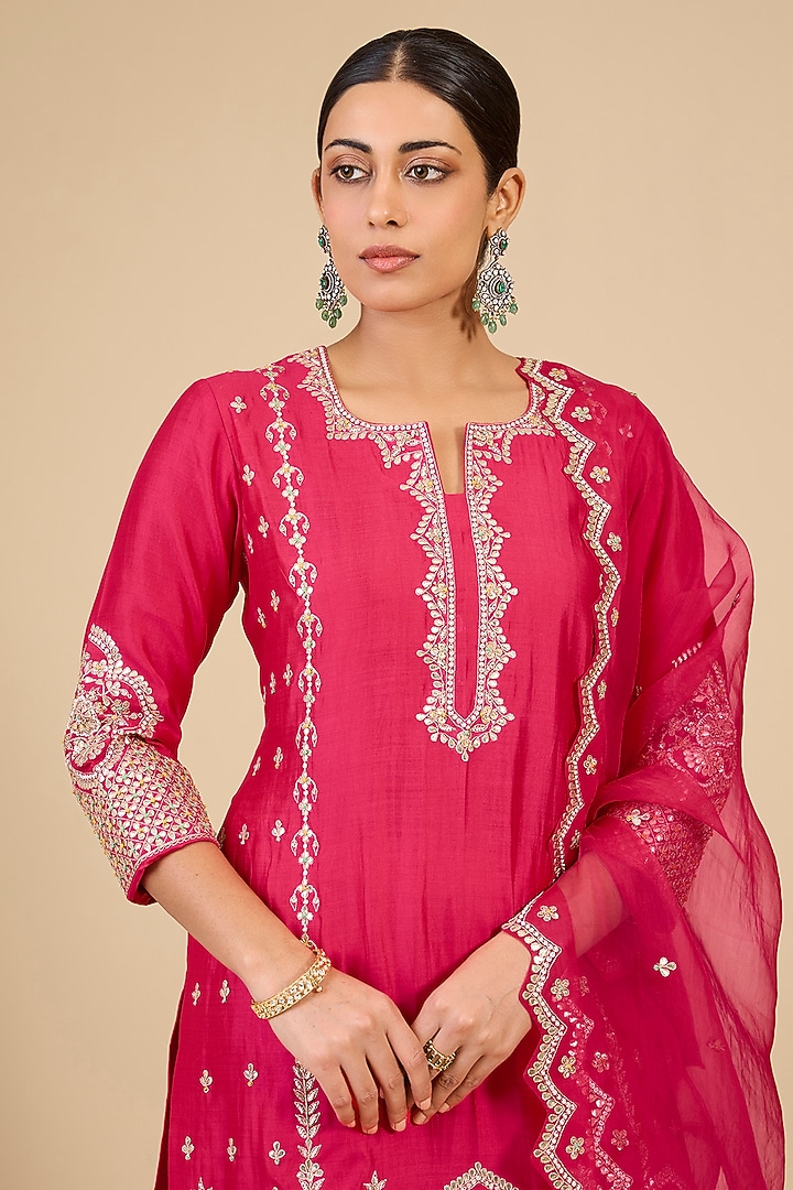 Strawberry Red Spun Silk Gota Work Bridal Sharara Set by Surbhi Shah at Pernia's Pop Up Shop