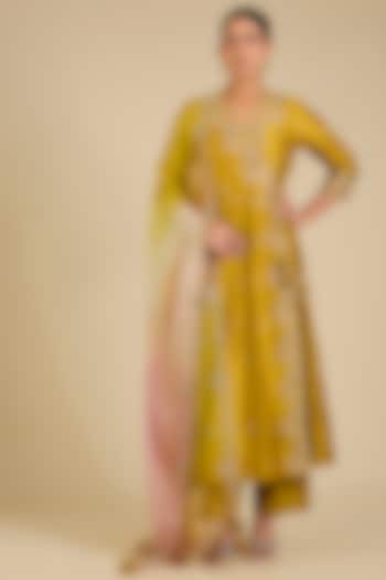 Mustard Yellow Spun Silk Gota Work Angrakha Kurta Set by SURBHI SHAH at Pernia's Pop Up Shop