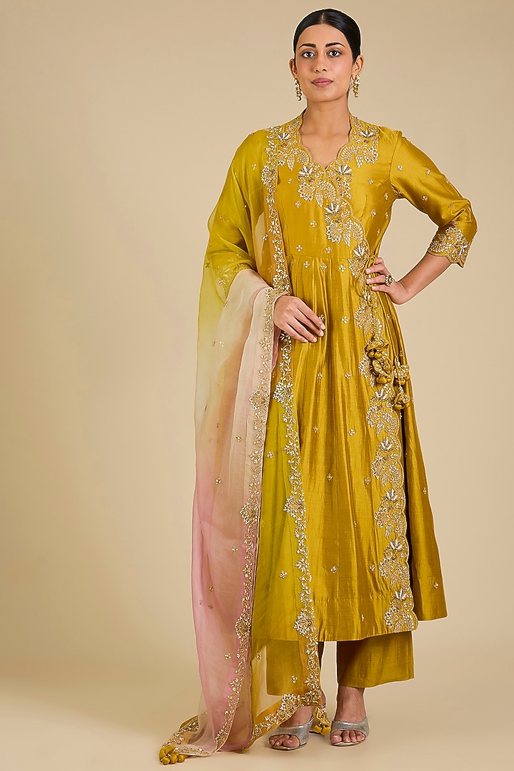 Mustard Yellow Spun Silk Gota Work Angrakha Kurta Set by SURBHI SHAH at Pernia's Pop Up Shop