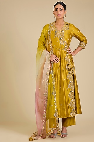 Mustard Yellow Spun Silk Gota Work Angrakha Kurta Set by SURBHI SHAH