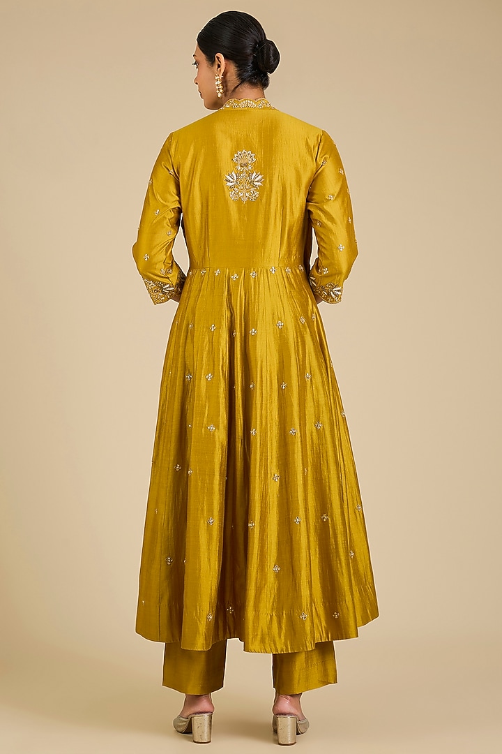 Mustard Yellow Spun Silk Gota Work Angrakha Kurta Set by SURBHI SHAH at Pernia's Pop Up Shop