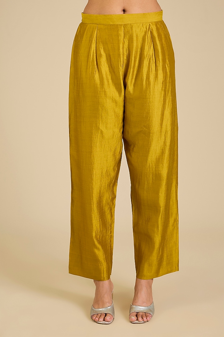 Mustard Yellow Spun Silk Gota Work Angrakha Kurta Set by SURBHI SHAH at Pernia's Pop Up Shop