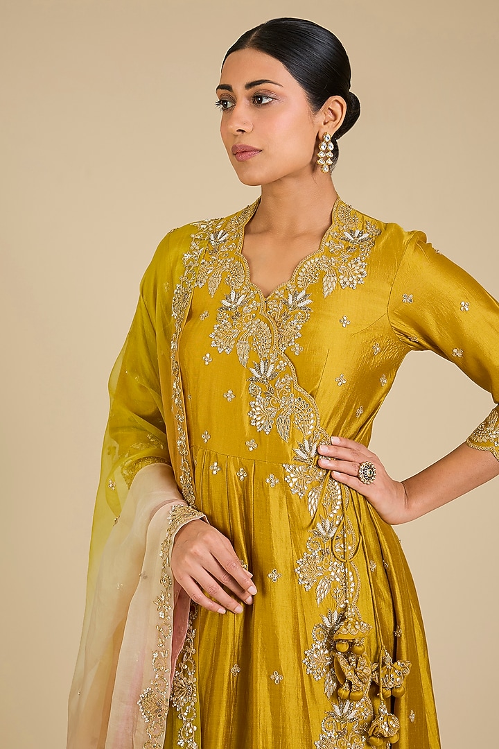 Mustard Yellow Spun Silk Gota Work Angrakha Kurta Set by SURBHI SHAH at Pernia's Pop Up Shop