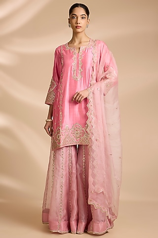 Raspberry Pink Organza Embroidered Sharara Set by Surbhi Shah